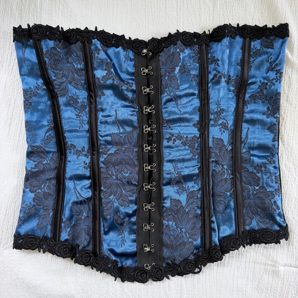 Shirley of Hollywood Vintage 90s Y2K Blue Floral Gothic Corset Bustier Top 36 - Picture 1 of 10